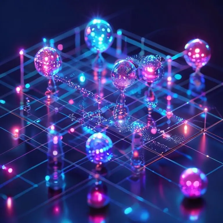 Renderizado isométrico 3D de una red neuronal abstracta o flujo algorítmico, conectando esferas brillantes que representan cuentas dentro de una rejilla futurista, simbolizando la evolución del ábaco a la computación moderna.
