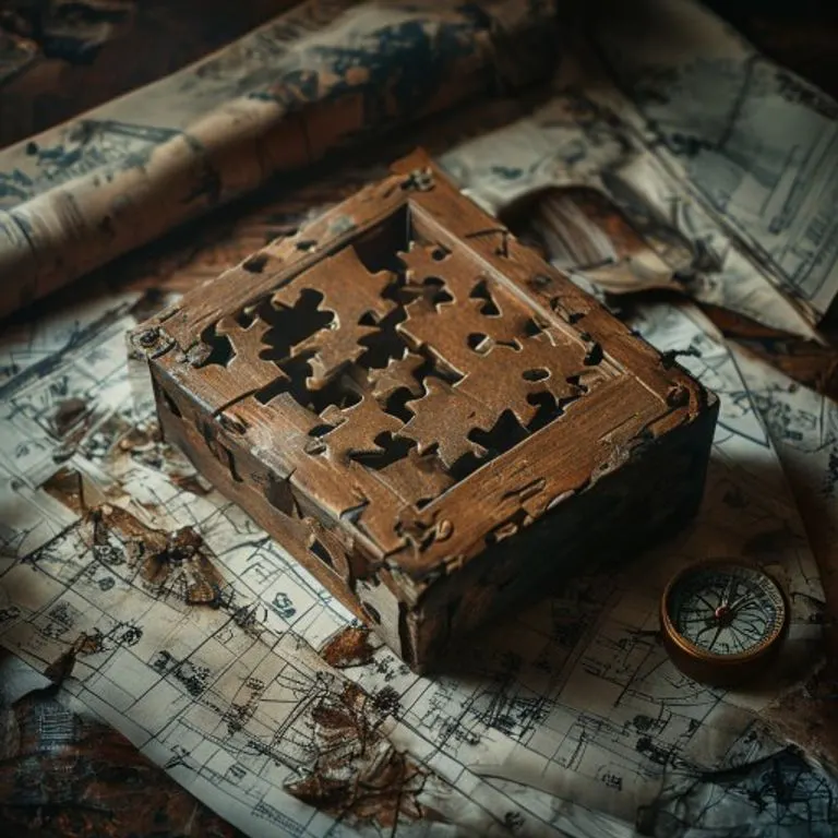 Fotografía macro de una caja de rompecabezas de madera intrincada con piezas desalineadas y planos dispersos, simbolizando la resolución de conflictos.