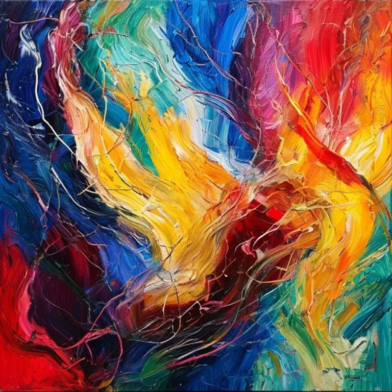 Pintura al óleo abstracta de hilos entrelazados en colores contrastantes que se fusionan en un patrón unificado, simbolizando la armonía y el crecimiento.