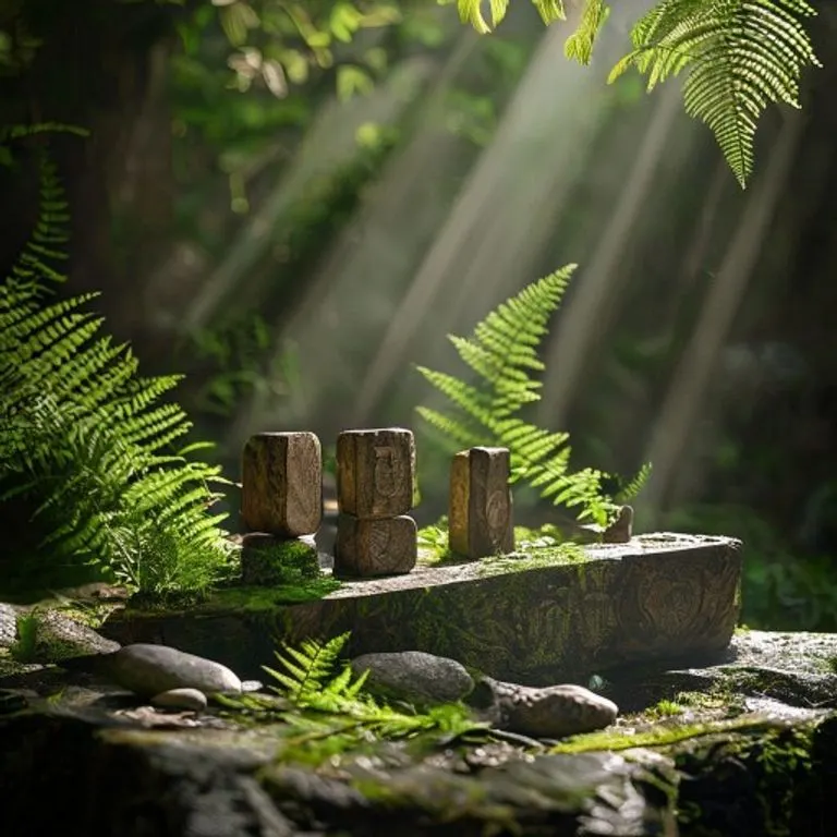 Fotografía macro de un conjunto de varas de Ogham de madera pulida sobre un altar de piedra cubierto de musgo, rodeadas de helechos y piedras de río, con luz solar filtrada.