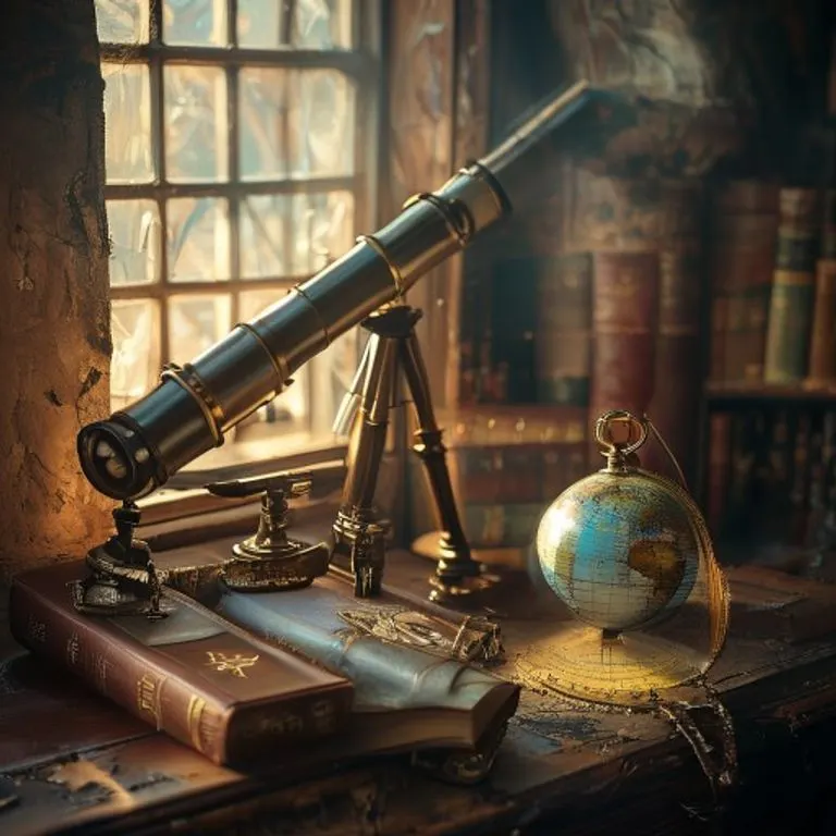 Fotografía de bodegón de un telescopio antiguo, un globo terráqueo y libros de astrología, evocando la exploración del destino.