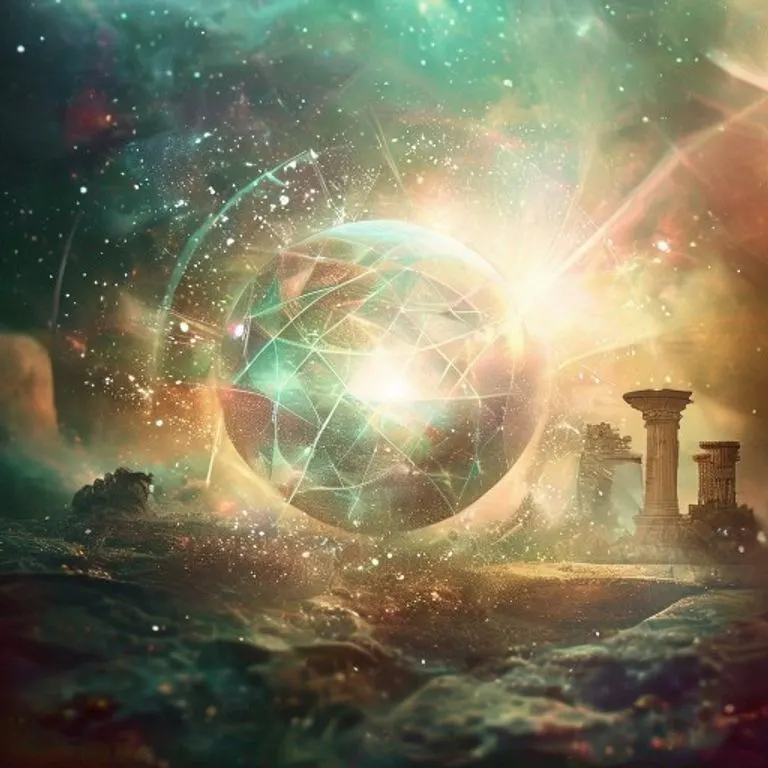 Arte conceptual abstracto de una esfera de cristal mística rodeada de polvo cósmico, simbolizando la transformación espiritual y la conexión con el lugar.