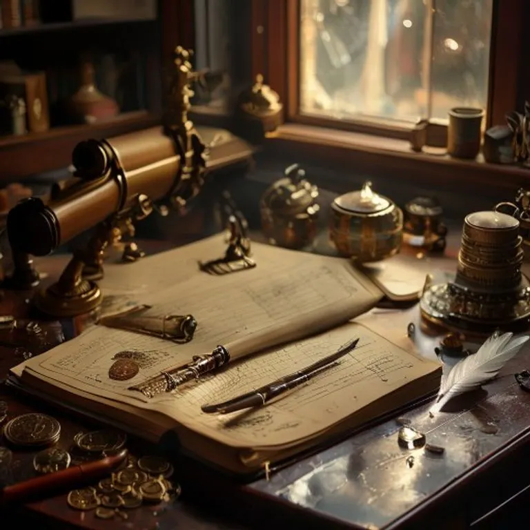 Telescopio antiguo apuntando a un planificador de negocios abierto con un calendario cósmico, rodeado de objetos de valor y documentos.