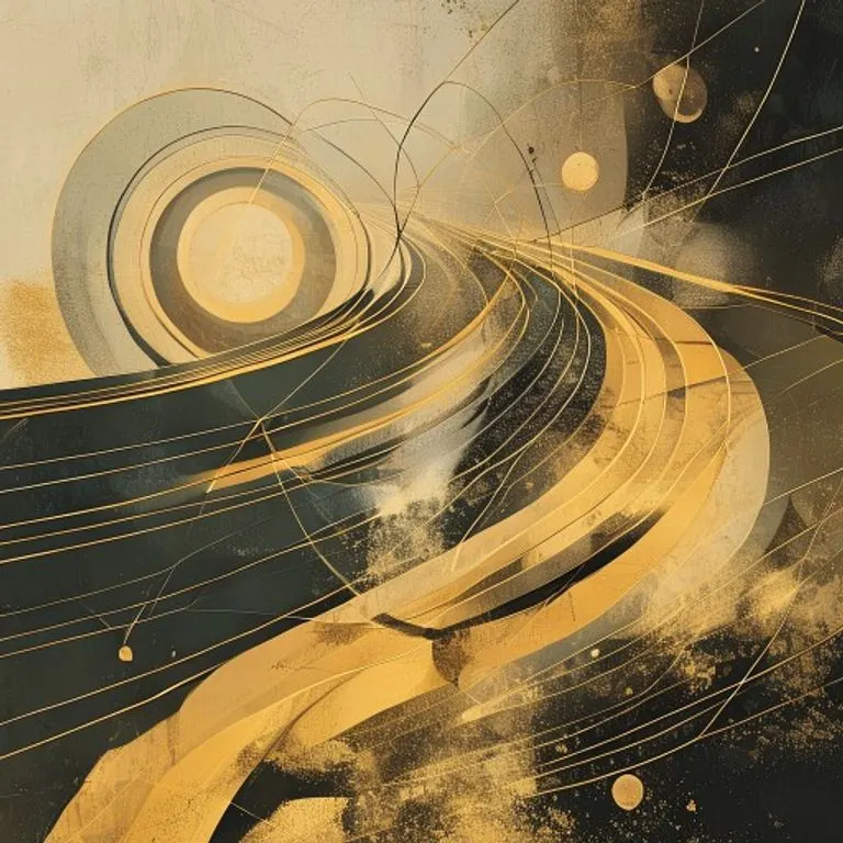 Ríos de energía dorada fluyendo a través de un paisaje abstracto con formas geométricas que representan estructuras de negocios, bajo un cielo estrellado.