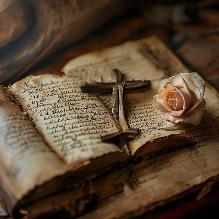 Antiguo libro de oraciones, crucifijo de madera, pétalo de rosa