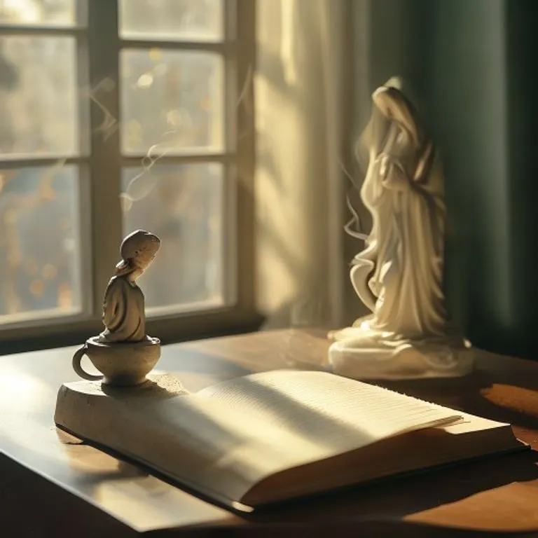Escritorio minimalista, diario, pluma, estatua de María, taza de té