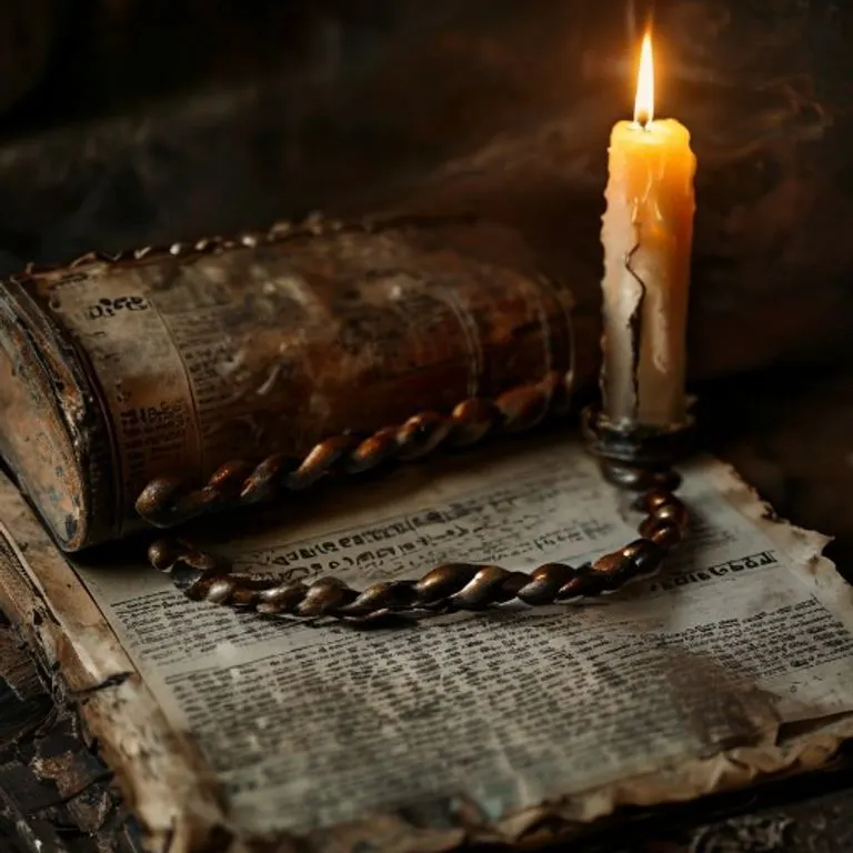 Fotografía macro de un rosario de madera desgastado sobre un libro antiguo de cuero, junto a un recorte de periódico con un titular borroso sobre un evento papal, iluminado por una vela parpadeante, con sombras profundas y texturas ricas.