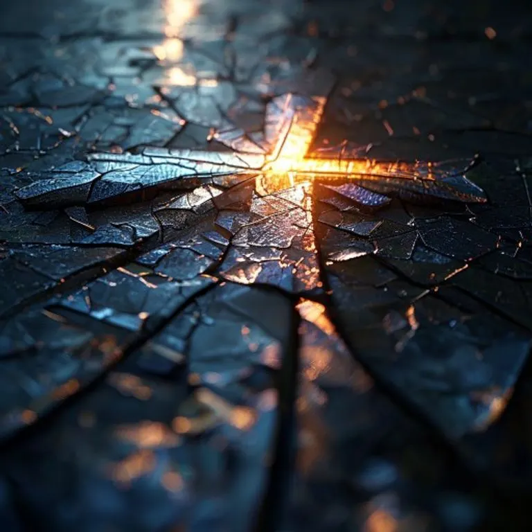 Arte conceptual de un mosaico de vidrios rotos formando una cruz sutil, iluminado por detrás, proyectando luz fragmentada sobre una superficie oscura y lisa, simbolizando la fe en tiempos de adversidad, con un estilo etéreo y abstracto.