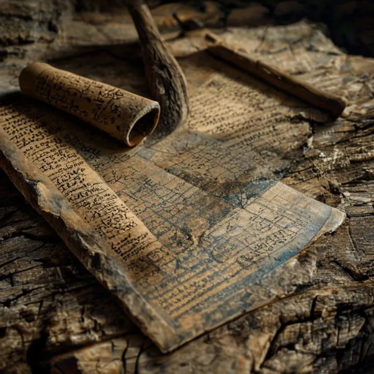 Detalle de antiguas tablillas de arcilla con escritura cuneiforme y un bastón de pastor, símbolos del viaje y el pacto