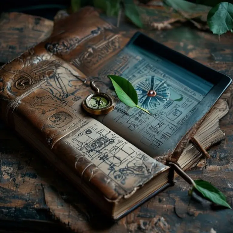 Antique journal and modern tablet, symbolizing the blend of traditional knowledge and digital innovation.