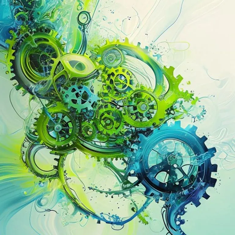 Abstract gears and organic vines in dynamic motion, symbolizing adaptability and fluid evolution.