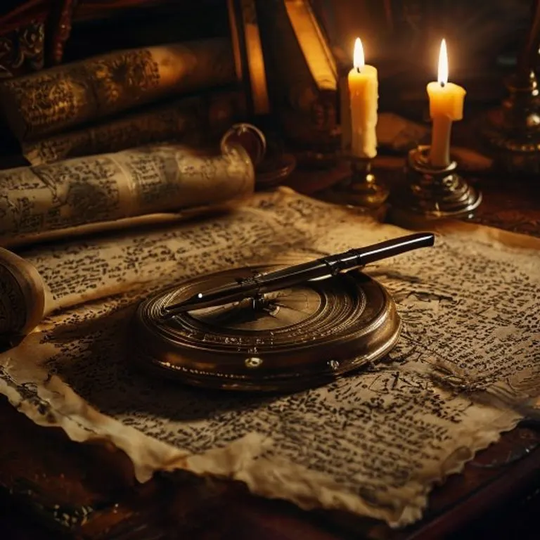 Antique brass astrolabe on a velvet-lined wooden desk with parchment and a quill, lit by a candle.