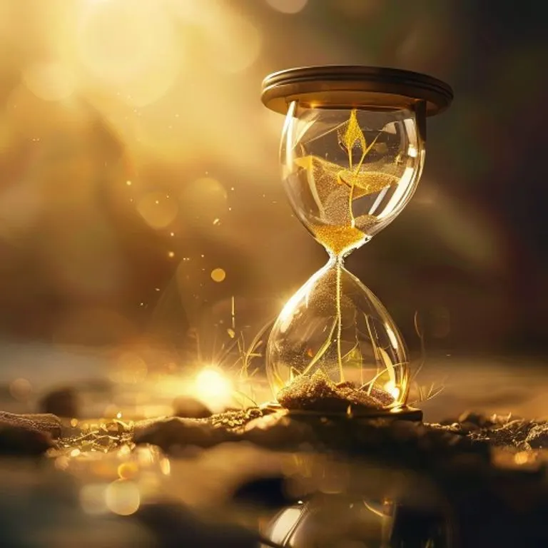 Delicate sprout emerging from a cracked hourglass, surrounded by golden light, symbolizing perfect timing.