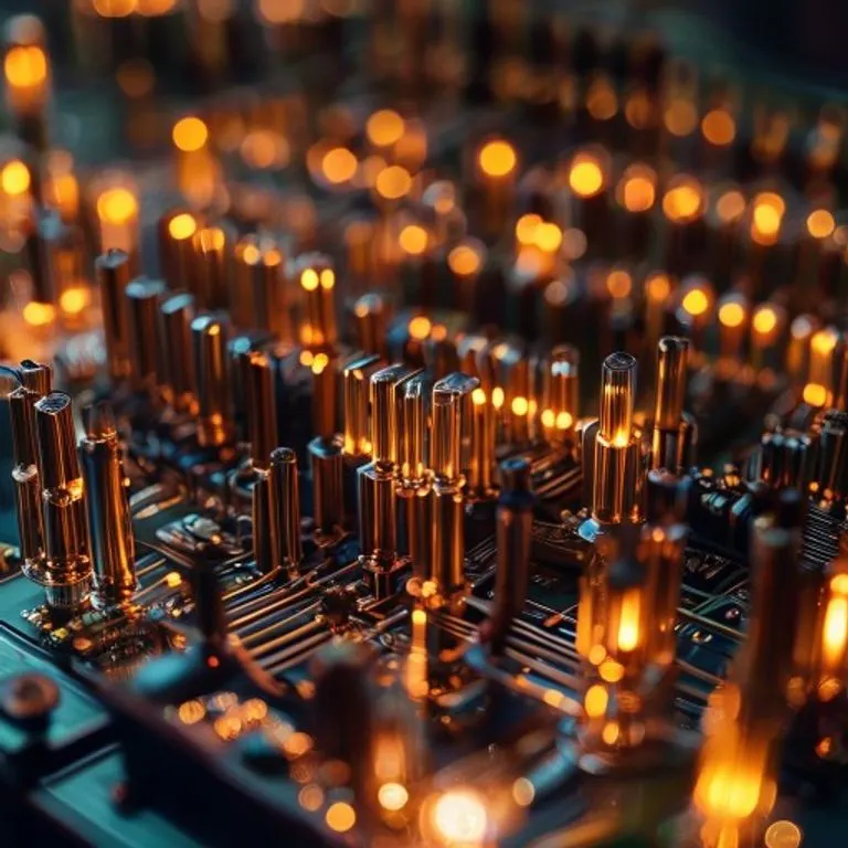 Detalle de un circuito con tubos de vacío, simbolizando la tecnología pionera de la computación.