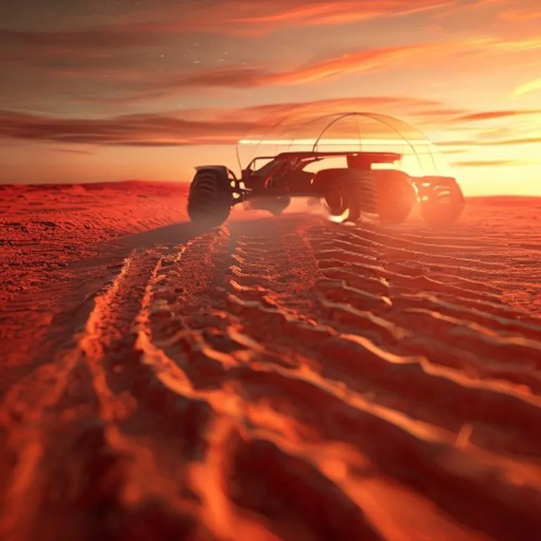 Rueda de rover marciano con cúpula futurista en el fondo.
