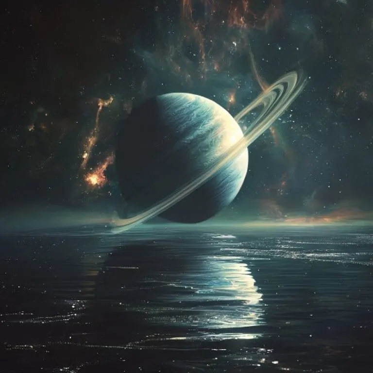 Exoplaneta etéreo reflejado en la superficie de una luna oceánica.
