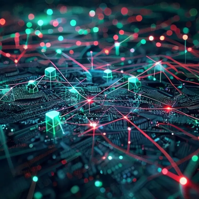 Renderizado 3D abstracto de una red de líneas brillantes conectando nodos geométricos, representando plataformas digitales y regulaciones laborales, con microchips y flujos de datos.