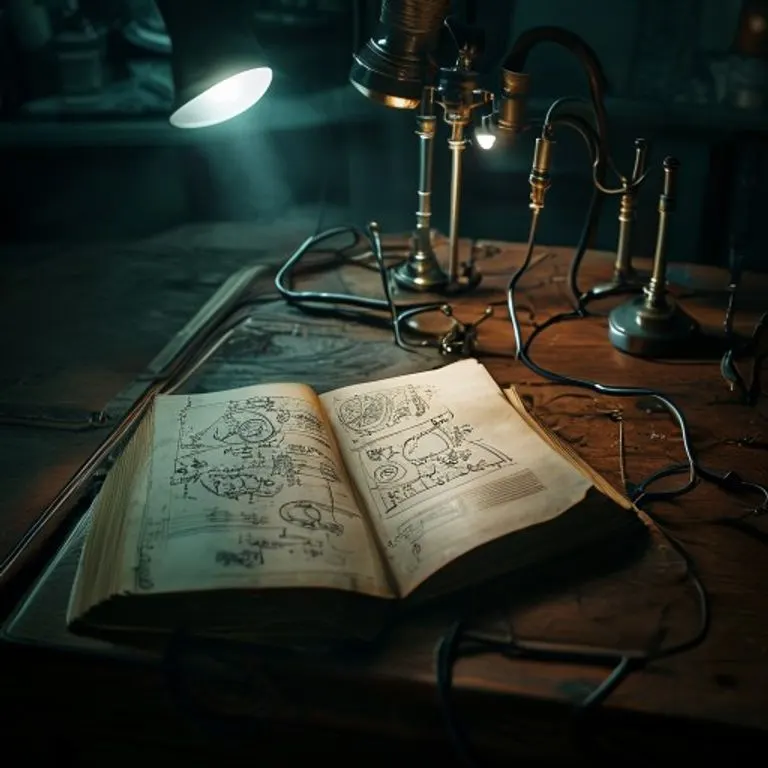 Bodegón cinematográfico de un diario abierto con símbolos de sueños y notas científicas, iluminado por un haz de luz en un laboratorio oscuro.