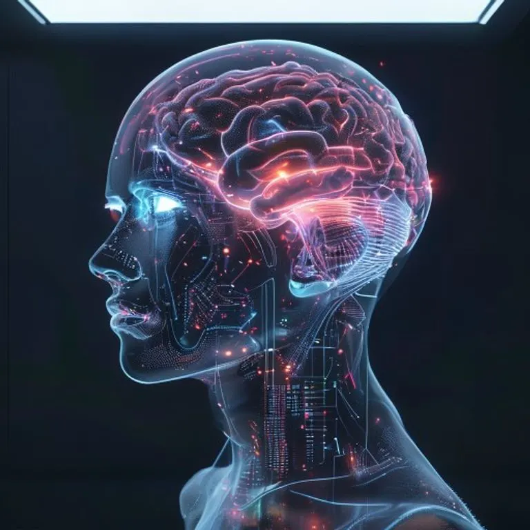 Renderizado 3D de un modelo de cabeza futurista mostrando regiones de actividad cerebral luminosas y visualizaciones de datos, sin rasgos faciales.