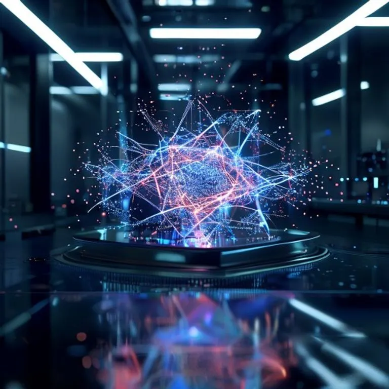 Renderizado 3D de un chip procesador cuántico emitiendo una red de partículas entrelazadas en un laboratorio oscuro.