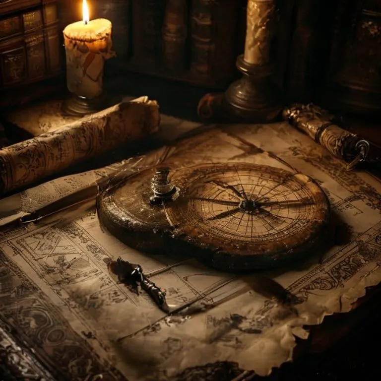 Un astrolabio antiguo sobre un escritorio de terciopelo, con pergaminos de cartas celestes y una vela, evocando el estudio astrológico.
