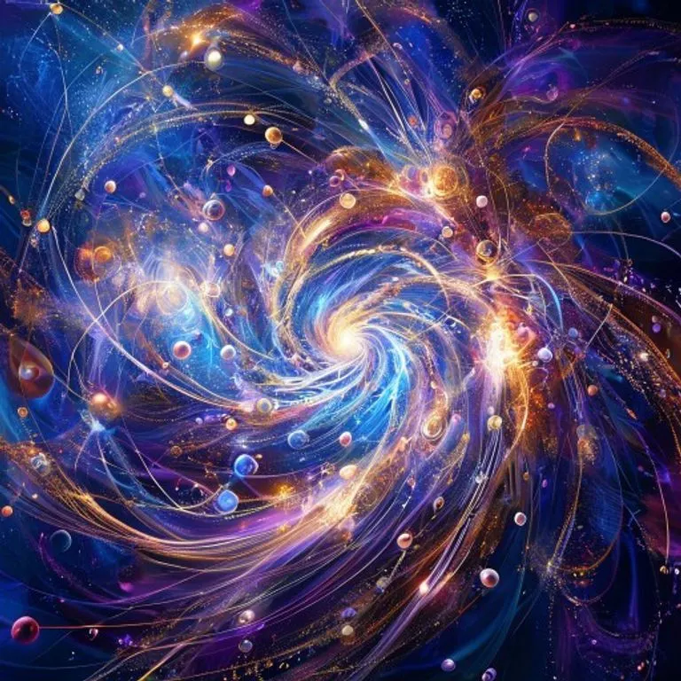 Arte conceptual abstracto que representa un vórtice de energías cósmicas interconectadas, simbolizando influencias planetarias y ciclos kármicos.