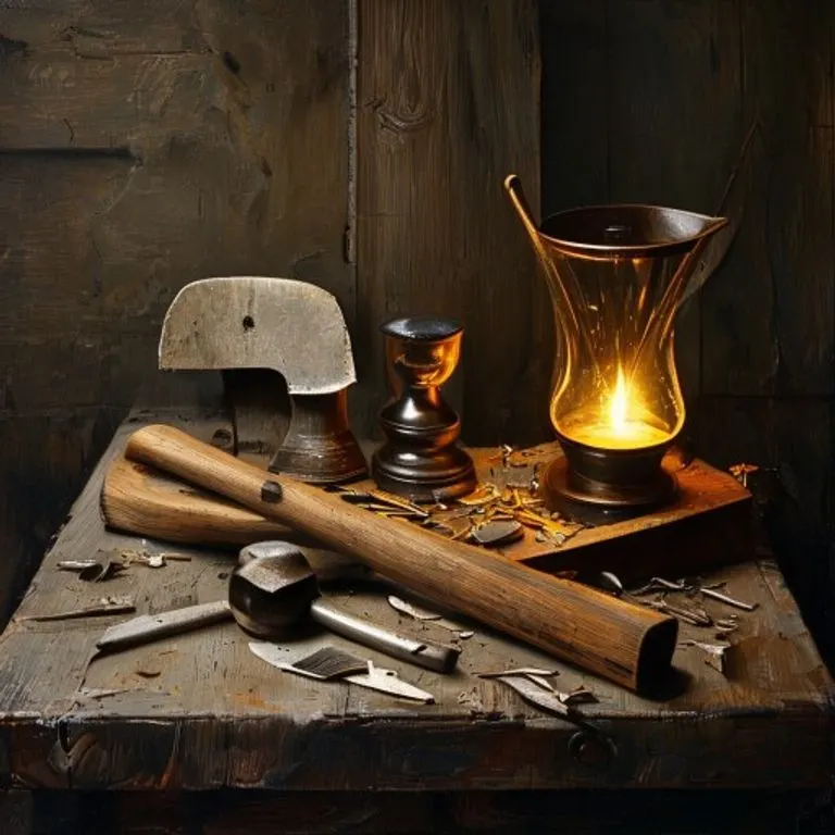 Bodegón de herramientas de carpintero, una lámpara de aceite encendida y un pequeño moisés, simbolizando el trabajo, la calidez del hogar y la protección familiar.