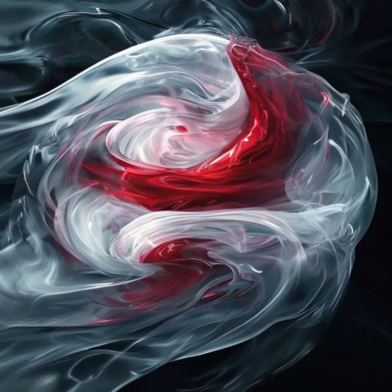 Arte conceptual abstracto que representa purificación y renovación. Líquidos carmesí y blanco puros se arremolinan y entrelazan, creando patrones dinámicos y translúcidos sobre una superficie oscura y reflectante.