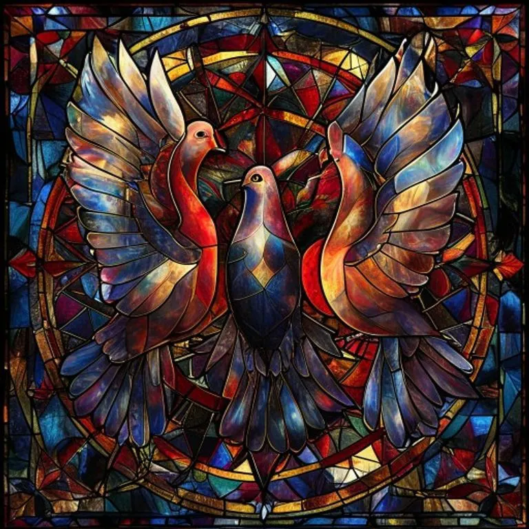 Detalle de un vitral gótico con tres palomas estilizadas entrelazadas en patrones geométricos.