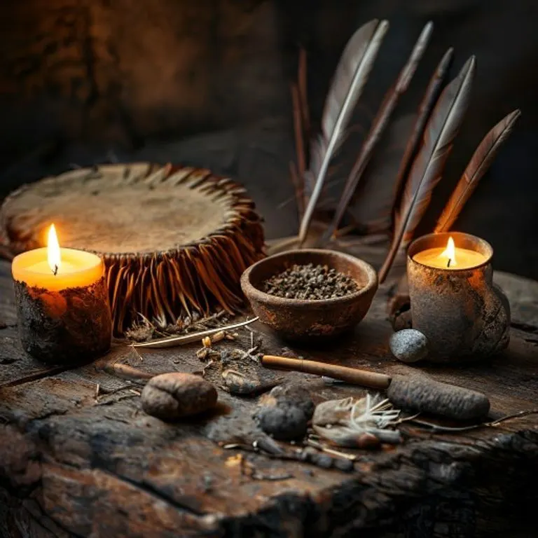 Ancient shamanic tools on a wooden altar, illuminated by candlelight.