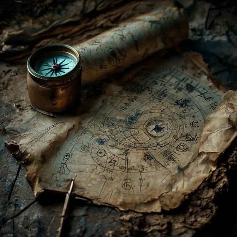 Cinematic still life of an ancient, unfurling scroll with celestial symbols and an antique compass, symbolizing karmic knowledge.
