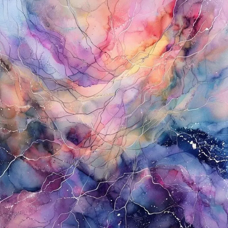 Watercolor painting of translucent threads weaving through a cosmic tapestry, symbolizing interconnectedness and destiny.