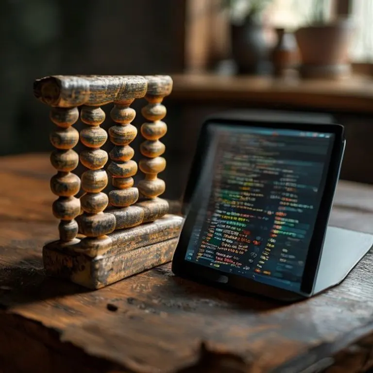 Abaco y tablet con código, evolución de la computación y ética