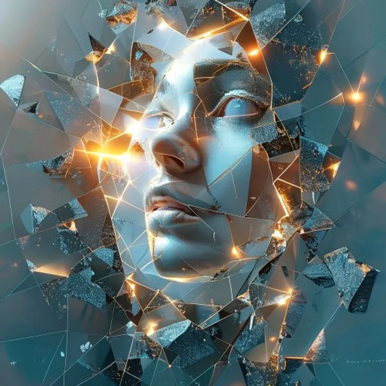 Ilustración digital 3D de una representación abstracta de un espejo fracturado que refleja un mundo distorsionado, con luz brillante que emana de las grietas, simbolizando la introspección y el potencial de cambio, formas geométricas, paleta de colores fríos, alto detalle.