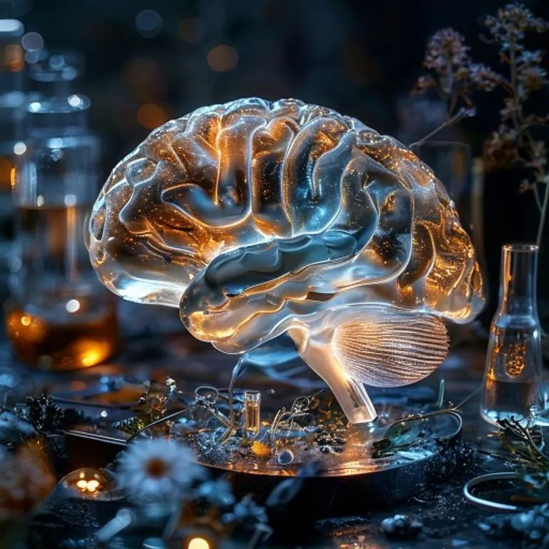 Fotografía de bodegón en primer plano extremo de un modelo de cerebro de cristal translúcido, iluminado desde dentro con luces suaves y pulsantes en tonos azules y dorados, apoyado sobre una superficie oscura y texturizada, rodeado de instrumentos científicos y elementos botánicos borrosos, sin figuras humanas.