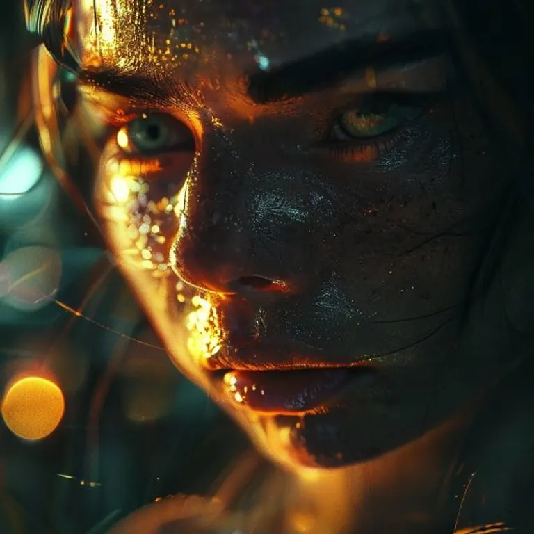 Arte conceptual de un camino sinuoso e iluminado hecho de energía brillante que atraviesa un bosque brumoso y oscuro hacia una luz brillante y distante, simbolizando un viaje hacia la paz interior y la reducción del estrés, con una composición dinámica y texturas ricas, sin figuras humanas.