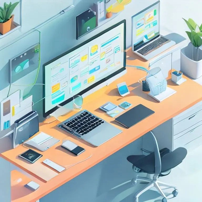 Render isométrico de un escritorio de oficina con dispositivos digitales que muestran interfaces de gestión de proyectos y comunicación.
