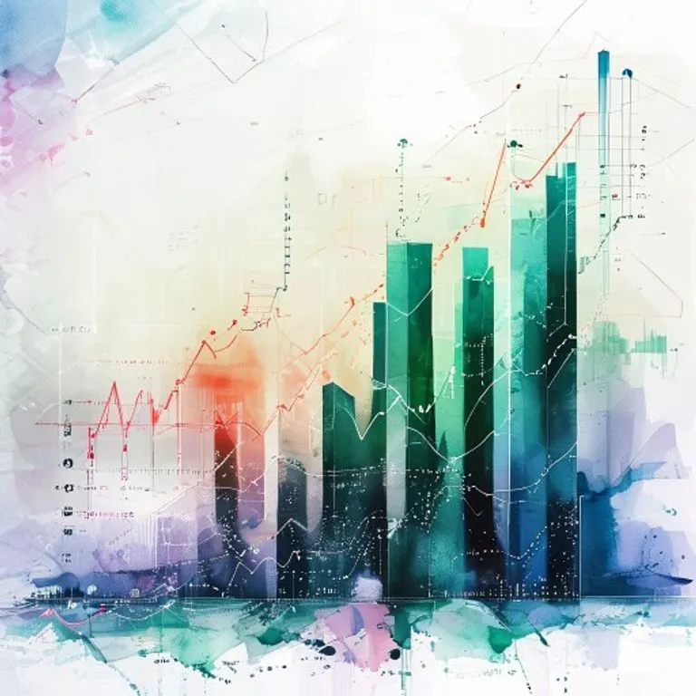 Pintura abstracta en acuarela que representa el flujo de datos transformándose en gráficos de crecimiento ascendente.