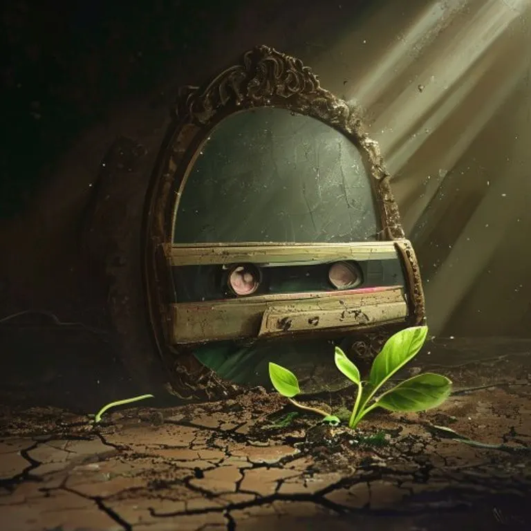 Fotografía cinematográfica de un casete vintage de los años 80 con la etiqueta 'Man in the Mirror' escrita a mano, rodeado de recortes de periódicos que detallan movimientos de justicia social, una única vela parpadeante, iluminación dramática de claroscuro, texturas ricas.