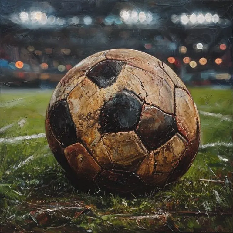 Balón de fútbol desgastado en el césped de un estadio