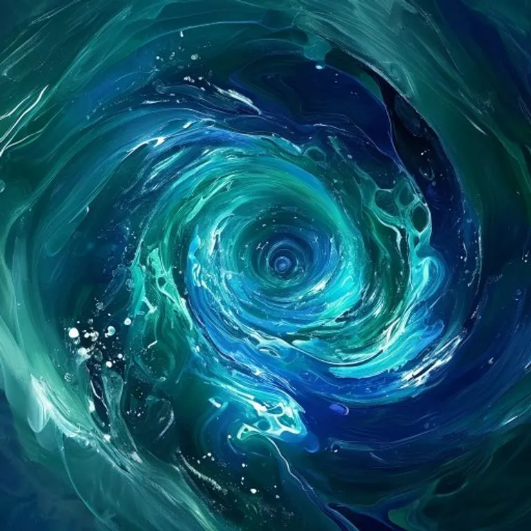 Arte conceptual de un vórtice de agua azul y verde, rodeado de formas geométricas abstractas, simbolizando la innovación y las soluciones tecnológicas en la gestión del agua.