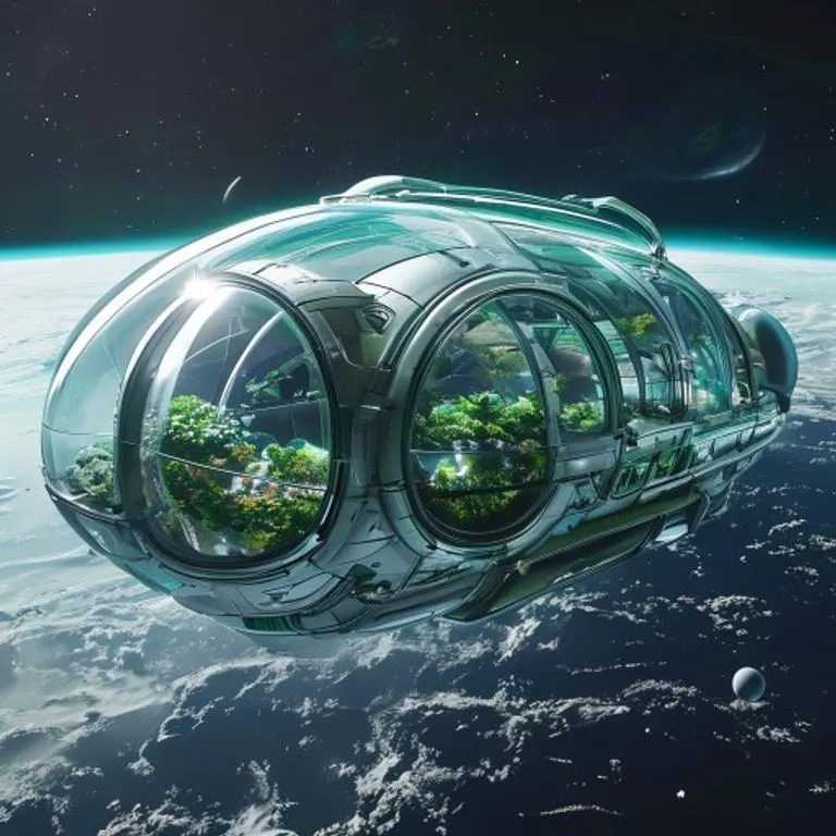 Renderizado 3D de un módulo de hábitat espacial futurista flotando en el espacio, con vegetación interna y la Tierra visible a lo lejos, representando la colonización espacial.