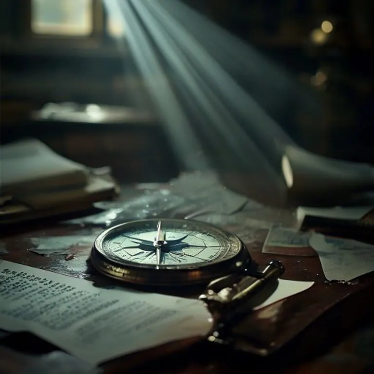 Fotografía cinematográfica de una brújula girando erráticamente en un escritorio oscuro, rodeada de documentos borrosos.