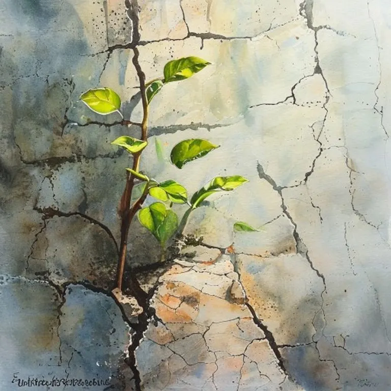 Pintura de acuarela de una planta resistente creciendo a través de grietas en una pared de hormigón, simbolizando la adaptabilidad.