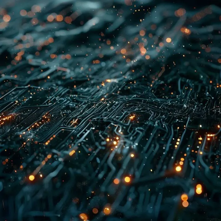 Fotografía macro de una red enredada de circuitos cuánticos brillantes y rotos, con pulsos de energía erráticos.