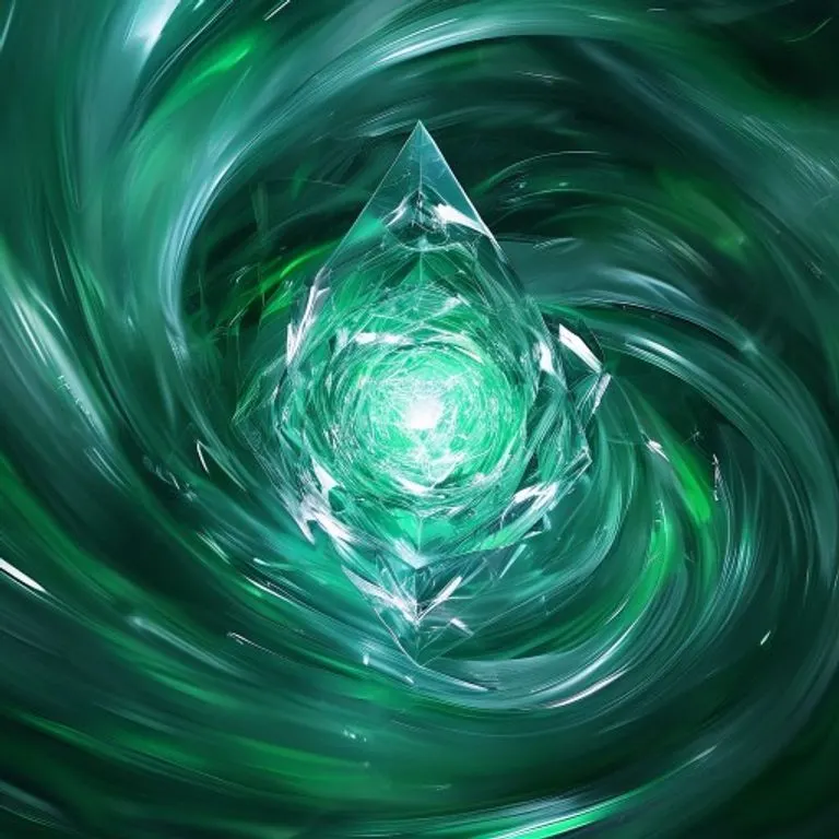 Renderizado 3D de una estructura cristalina brillante en un vórtice de energía, representando el descubrimiento de materiales y la optimización.