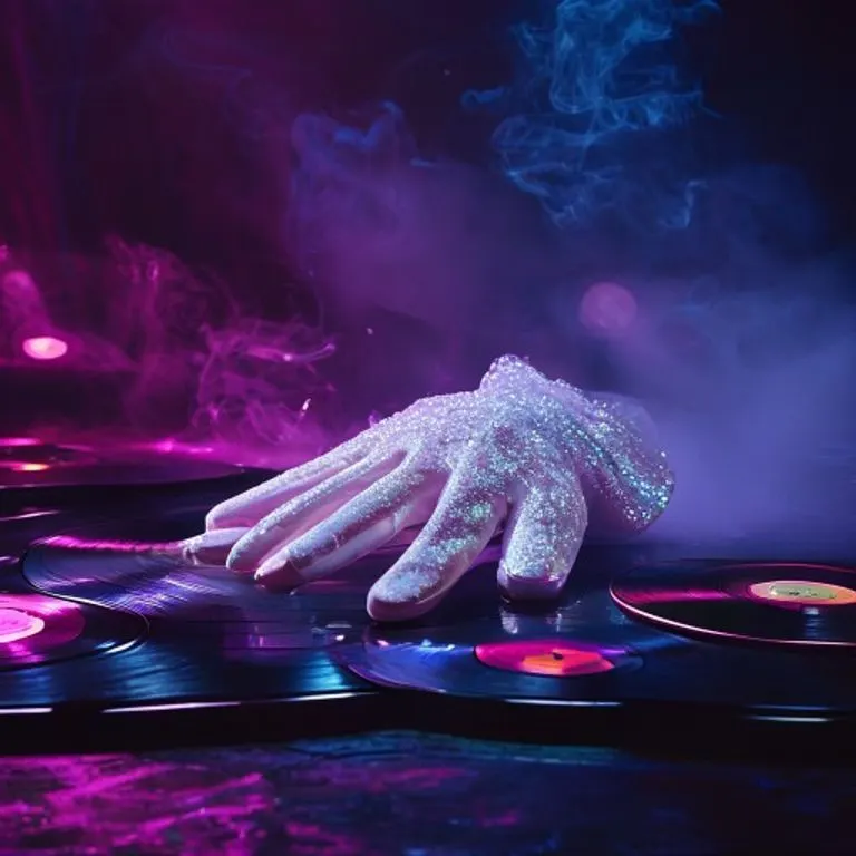 Fotografía macro de un guante blanco brillante, cubierto de lentejuelas, descansando sobre un escenario oscuro y pulido con luces de neón magenta y azul, evocando la magia de las actuaciones de la leyenda musical.
