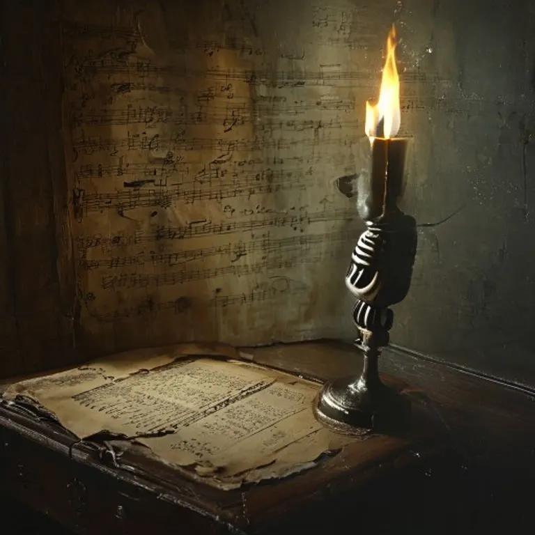 Una partitura musical rasgada y antigua, con notas manuscritas y letras, iluminada por una vela en un candelabro antiguo. Un micrófono vintage se alza en la oscuridad, con una silueta sutil del moonwalk proyectada en una pared polvorienta, simbolizando el legado creativo de la leyenda musical.