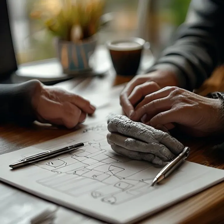 Fotografía macro de un escritorio organizado con un diagrama de flujo de negociación, un bolígrafo y manos de piedra entrelazadas simbolizando un acuerdo.
