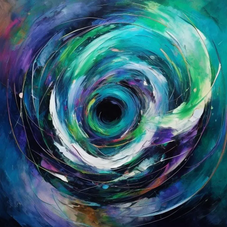 Pintura al óleo abstracta que representa un vórtice de colores vibrantes y formas geométricas interconectadas, simbolizando la inteligencia emocional y el pensamiento estratégico.